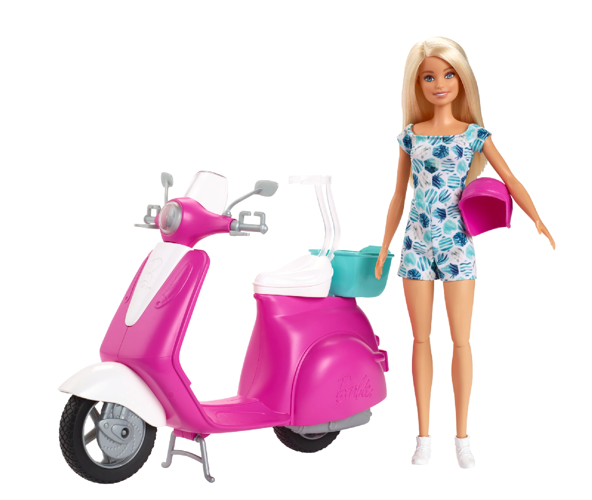 Blonde Doll With Pink And White Scooter with Kickstand and Teal Basket