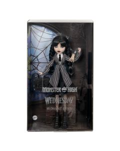 ​Monster High Wednesday Doll and Accessories, Wednesday Addams Collectible in Nevermore Academy Uniform with Thing and Backpack, Doll Stand